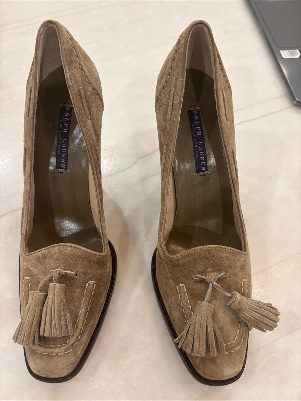 Ralph Lauren Tan Suede Tassel Loafer Heels